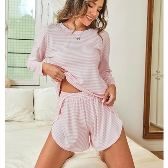 Long Sleeve Pajama Lounge Matching Set Striped Sleepwear Pink - Picture 5 of 6